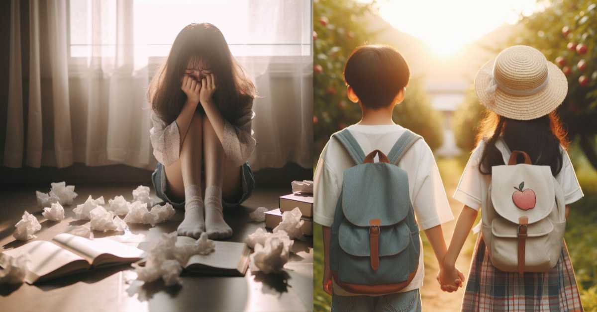 AI이미지 생성프로그램으로 만든 사진(방 안에서 울고있는 소녀/ 손을 잡고 걸어가는 소년과 소녀의 뒷모습)